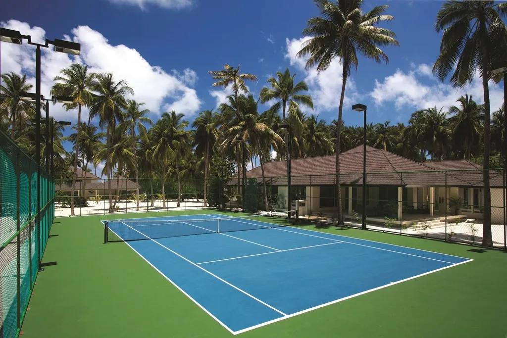 Pista de tenis exterior de superficie dura rodeada de palmeras y vallado verde