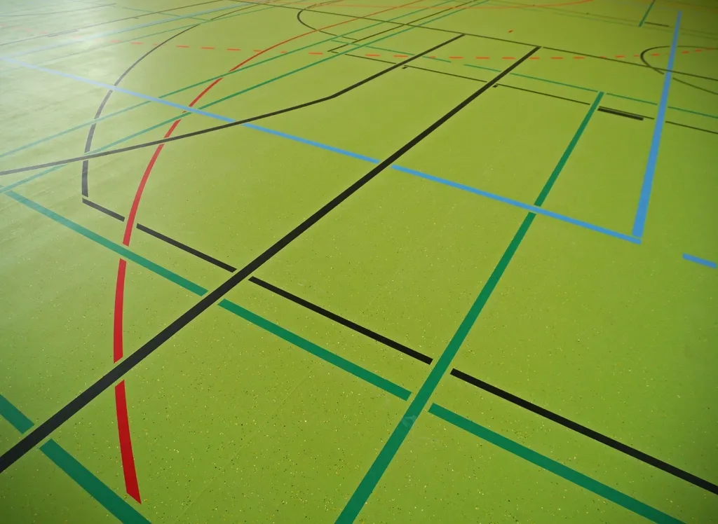 Detalle del suelo de una pista polideportiva cubierta con líneas de varios colores superpuestas